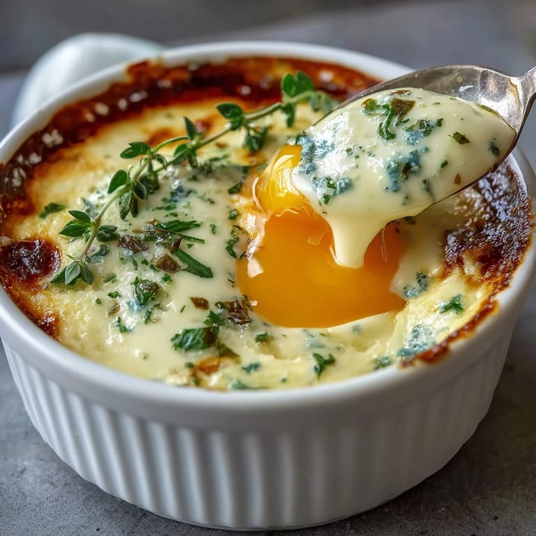 Delicate Easter Eggs en Cocotte with softly set yolks, nestled in rich cream and fragrant herbs, perfect for spring celebrations.