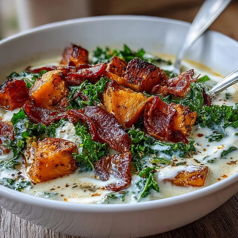 Creamy sweet potato chowder with smoky pancetta and kale, served hot with crusty bread on the side.
