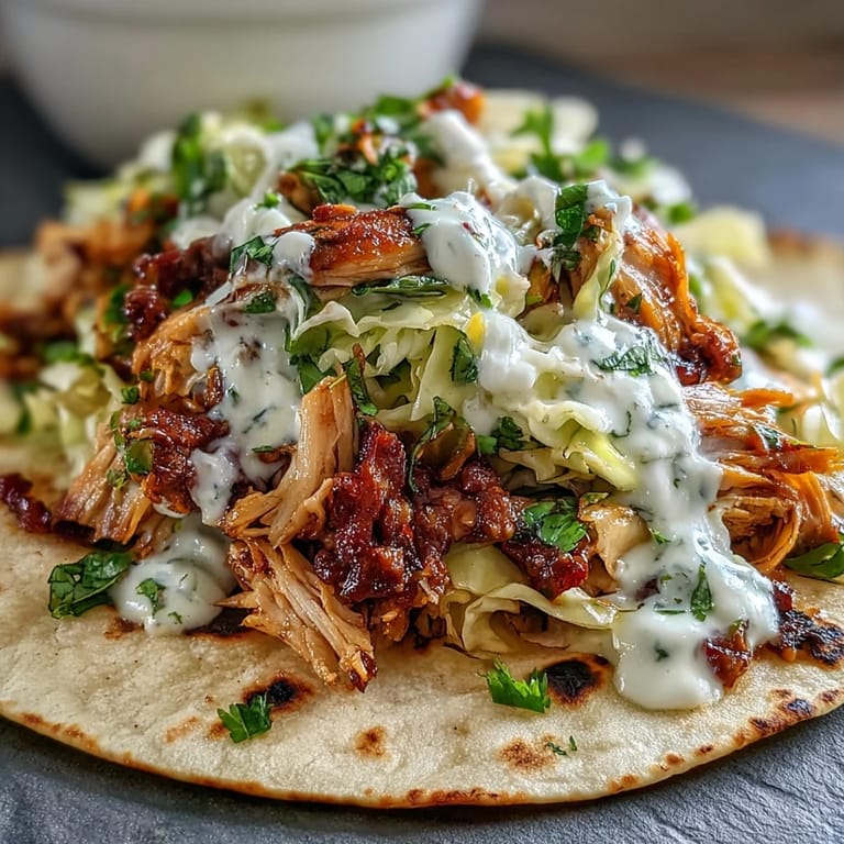 Light and flavorful roasted chicken tacos topped with crisp cabbage slaw and creamy lemon sauce.