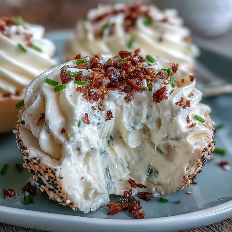 Savory cream cheese deviled eggs topped with everything bagel seasoning, ready to eat.
