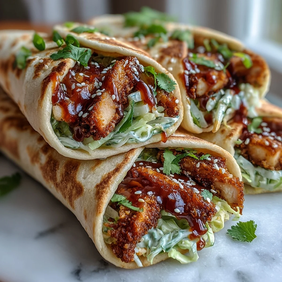 Golden brown crispy KFC-style turkey strips nestled in a warm tortilla with vibrant slaw.