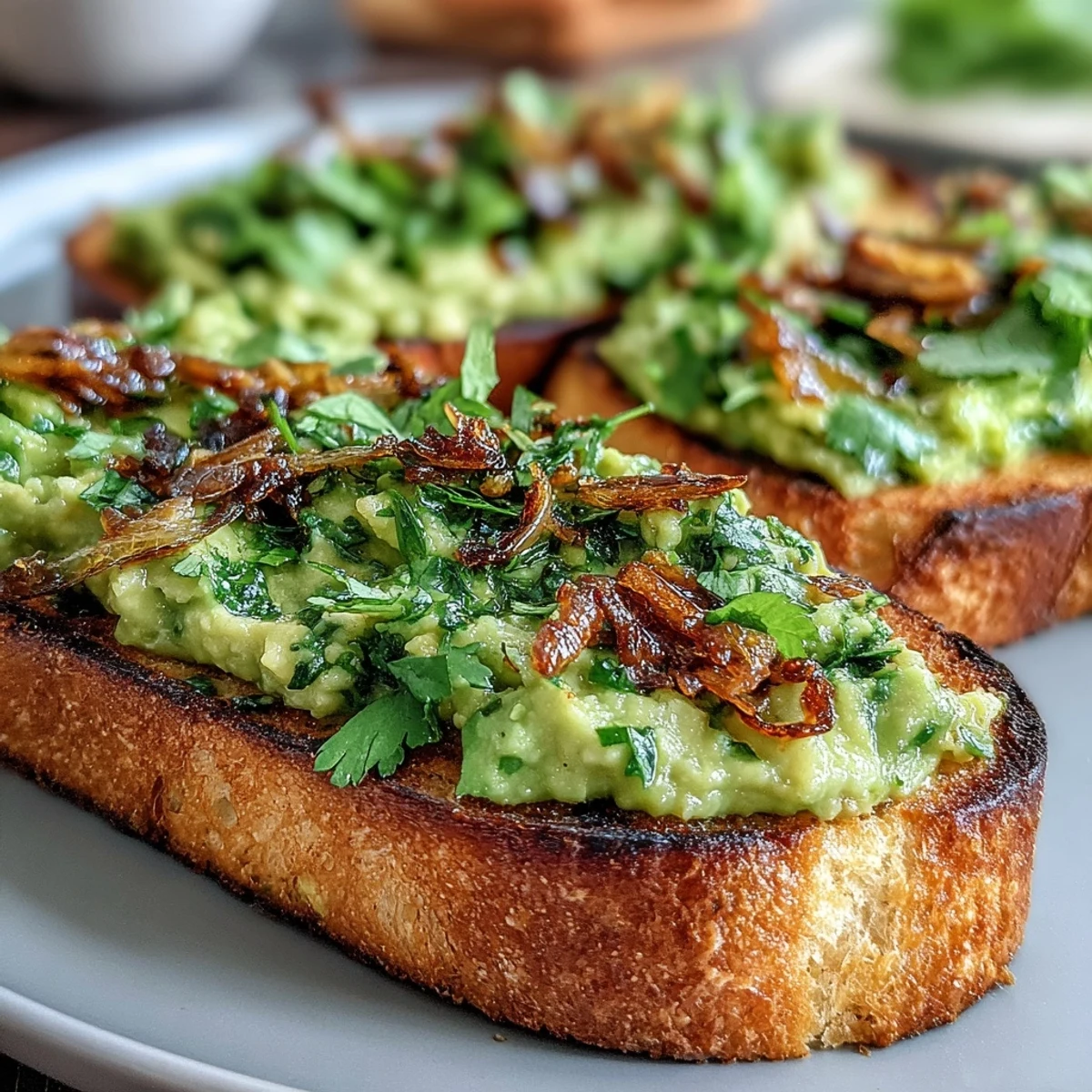 Vibrant chilli-lime avocado toast on crusty sourdough with creamy avocado mash and crispy fried shallots.  