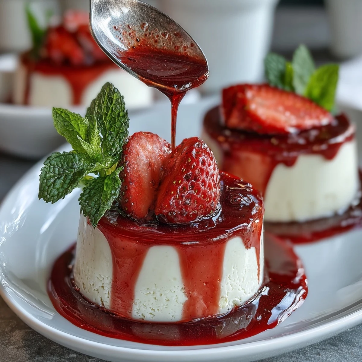 Silky vanilla panna cotta topped with a vibrant strawberry sauce for a romantic Valentine's Day dessert.  