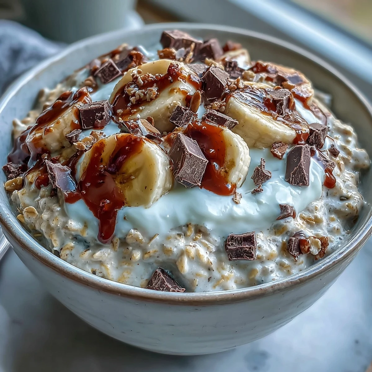 A jar of overnight oats topped with banana slices and dark chocolate chunks, ready for a quick breakfast.  