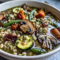 A rustic bowl of vegetable barley soup with mushrooms, filled with tender grains, colorful veggies, and savory broth for a comforting meal.  