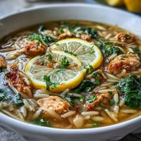 A steaming bowl of lemon chicken orzo soup with tender chicken, fresh spinach, and a bright citrus finish.