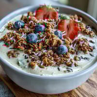 A creamy vanilla bean frappuccino smoothie bowl blended with coffee, topped with crunchy granola and fresh berries for a delicious breakfast treat.