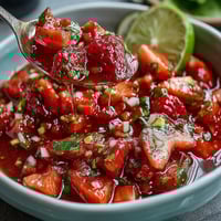 Fresh strawberry salsa with lime and jalapeño in a white bowl, garnished with cilantro and diced avocado, perfect for tacos or chips.
