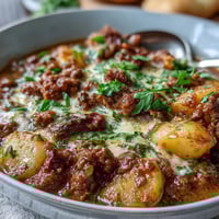 Shepherds Pie Soup with Ground Beef and Veggies in a rustic bowl, steaming hot and topped with fresh parsley.