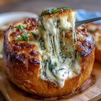 Creamy spinach artichoke dip baked in a sourdough bread bowl, perfect for St. Patrick's Day parties and celebrations.