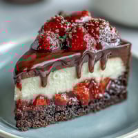 Easy Dubai Chocolate Strawberry Cheesecake Cups: Rich chocolate biscuit base topped with creamy cheesecake, fresh strawberries, and glossy ganache in elegant dessert cups.