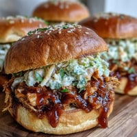 Juicy pulled BBQ chicken piled high on soft brioche buns with tangy coleslaw.  