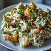 Creamy Classic Deviled Egg Potato Salad with tender potatoes and tangy mustard dressing, garnished with smoked paprika and fresh chives.