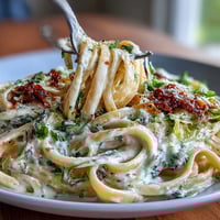 Creamy cabbage Alfredo pasta with tender cabbage ribbons in a rich Parmesan sauce, garnished with fresh parsley.