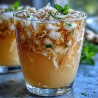 A tall glass of ginger prebiotic lemonade with ice cubes and lemon slices, offering a refreshing and gut-friendly beverage perfect for warm days.