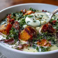 A bowl of smoky sweet potato chowder with crispy pancetta and tender kale, perfect for a cozy dinner.