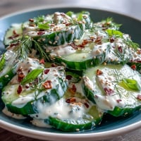 Cool, crisp TikTok Cucumber Salad with Everything Bagel Dressing, ready to serve.